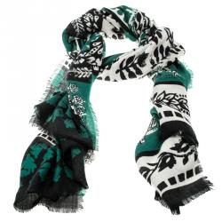 Burberry Prorsum Dusty Teal Patchwork Floral Geo Print Cashmere Scarf