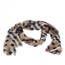 Pre Owned Burberry Beige Novacheck Wool and Silk Polka Dotted Fringed Scarf