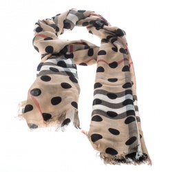 Pre Owned Burberry Beige Novacheck Wool and Silk Polka Dotted Fringed Scarf