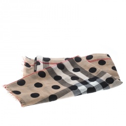 Pre Owned Burberry Beige Novacheck Wool and Silk Polka Dotted Fringed Scarf