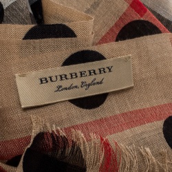 Pre Owned Burberry Beige Novacheck Wool and Silk Polka Dotted Fringed Scarf