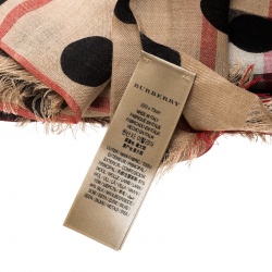 Pre Owned Burberry Beige Novacheck Wool and Silk Polka Dotted Fringed Scarf