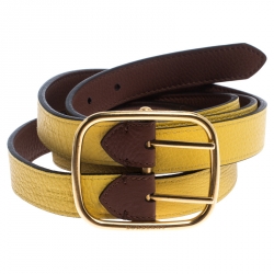 Pre Owned Burberry Yellow/Brown Leather Lynton Double Strap Belt 85CM