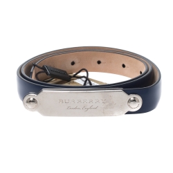 Pre Owned Burberry Blue Leather Reese Slim Belt 80CM