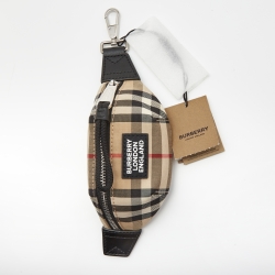 Pre Owned Burberry Beige/Black House Check Fabric and Leather Mini Sonny Bum Bag Keychain