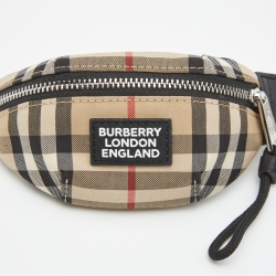 Pre Owned Burberry Beige/Black House Check Fabric and Leather Mini Sonny Bum Bag Keychain