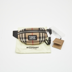 Pre Owned Burberry Beige/Black House Check Fabric and Leather Mini Sonny Bum Bag Keychain