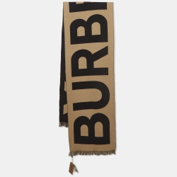 Pre Owned Burberry Beige Logo Patterned Wool Football Scarf