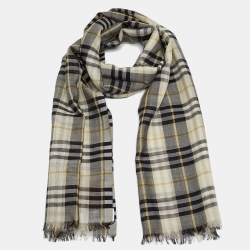 Pre Owned Burberry Green Vintage Check Wool and Silk Gauze Fringed Scarf