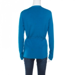 Pre Owned Burberry Kingfisher Blue Silk Belted Button Front Cardigan L