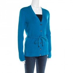 Pre Owned Burberry Kingfisher Blue Silk Belted Button Front Cardigan L