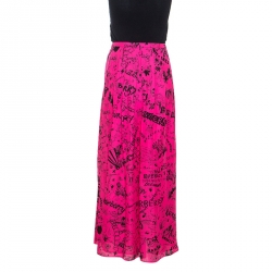 Pre Owned Burberry Pink Doodle Printed Silk Neckar Maxi Skirt L
