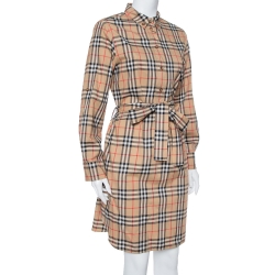 Burberry Beige Cotton Vintage Check Belted Shirt Dress M
