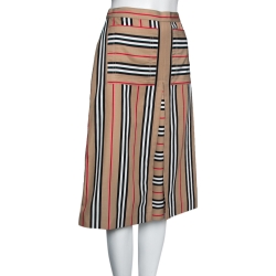 Pre Owned Burberry Beige Icon Striped Pleat Detailed Skirt S