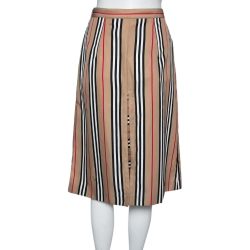 Pre Owned Burberry Beige Icon Striped Pleat Detailed Skirt S