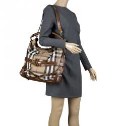 Pre Owned Burberry Brown House Check Canvas Medium Bridle Gosford Hobo