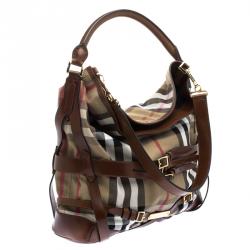 Pre Owned Burberry Brown House Check Canvas Medium Bridle Gosford Hobo