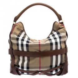 Pre Owned Burberry Brown House Check Canvas Medium Bridle Gosford Hobo