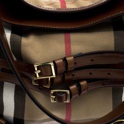 Pre Owned Burberry Brown House Check Canvas Medium Bridle Gosford Hobo