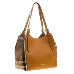 Pre Owned Burberry Tan/Beige Leather and House Check Fabric Small Canterbury Tote