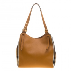 Pre Owned Burberry Tan/Beige Leather and House Check Fabric Small Canterbury Tote
