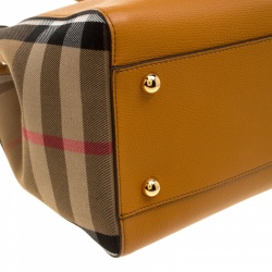 Pre Owned Burberry Tan/Beige Leather and House Check Fabric Small Canterbury Tote