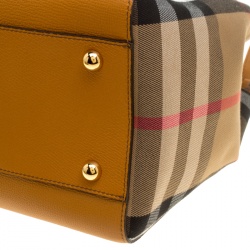 Pre Owned Burberry Tan/Beige Leather and House Check Fabric Small Canterbury Tote