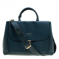 Pre Owned Burberry Dark Teal Leather Large Saddle Tote