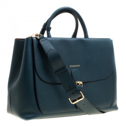 Pre Owned Burberry Dark Teal Leather Large Saddle Tote