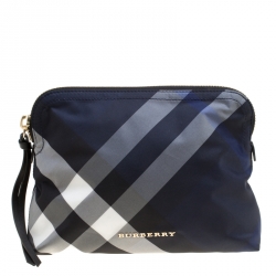 Pre Owned Burberry Navy Blue Smoked Check Nylon Large Pouch
