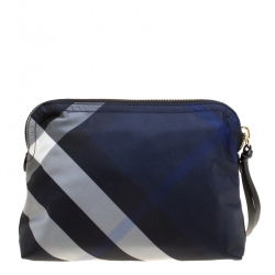 Pre Owned Burberry Navy Blue Smoked Check Nylon Large Pouch