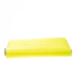 Pre Owned Burberry Neon Yellow Leather Zip Around Wallet