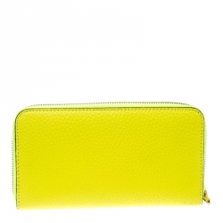 Pre Owned Burberry Neon Yellow Leather Zip Around Wallet