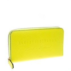 Pre Owned Burberry Neon Yellow Leather Zip Around Wallet