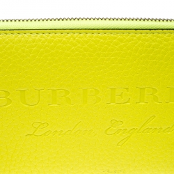 Pre Owned Burberry Neon Yellow Leather Zip Around Wallet