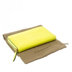 Pre Owned Burberry Neon Yellow Leather Zip Around Wallet