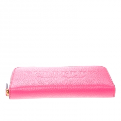 Pre Owned Burberry Neon Pink Leather Zip Around Wallet