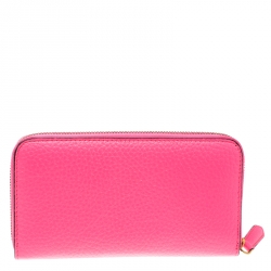 Pre Owned Burberry Neon Pink Leather Zip Around Wallet