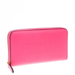 Pre Owned Burberry Neon Pink Leather Zip Around Wallet
