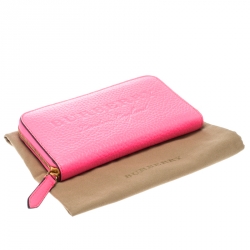 Pre Owned Burberry Neon Pink Leather Zip Around Wallet