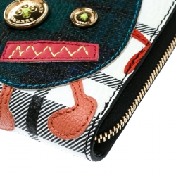 Pre Owned Burberry Monochrome Check Leather Creature Appliqué Zip Around Wallet