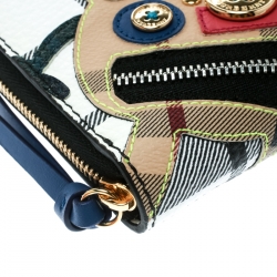 Pre Owned Burberry Monochrome Check Leather Creature Appliqué Zip Around Wallet