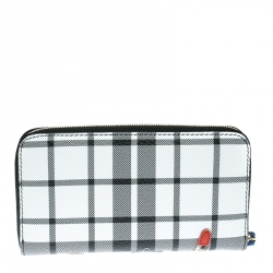 Pre Owned Burberry Monochrome Check Leather Creature Appliqué Zip Around Wallet