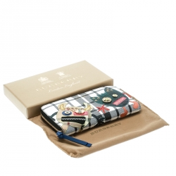 Pre Owned Burberry Monochrome Check Leather Creature Appliqué Zip Around Wallet
