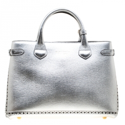 Pre Owned Burberry Silver Leather Medium Brogue Banner Tote