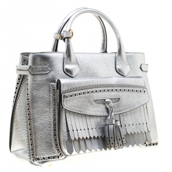 Pre Owned Burberry Silver Leather Medium Brogue Banner Tote