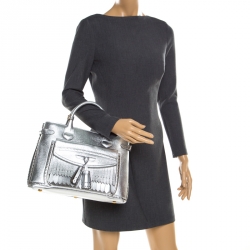 Pre Owned Burberry Silver Leather Medium Brogue Banner Tote