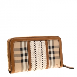 Pre Owned Burberry Beige/Brown House Check PVC and Leather Zip Around Wallet