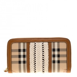 Pre Owned Burberry Beige/Brown House Check PVC and Leather Zip Around Wallet