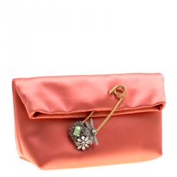 Pre Owned Burberry Peach Satin Crystal Embellished Pin Clutch